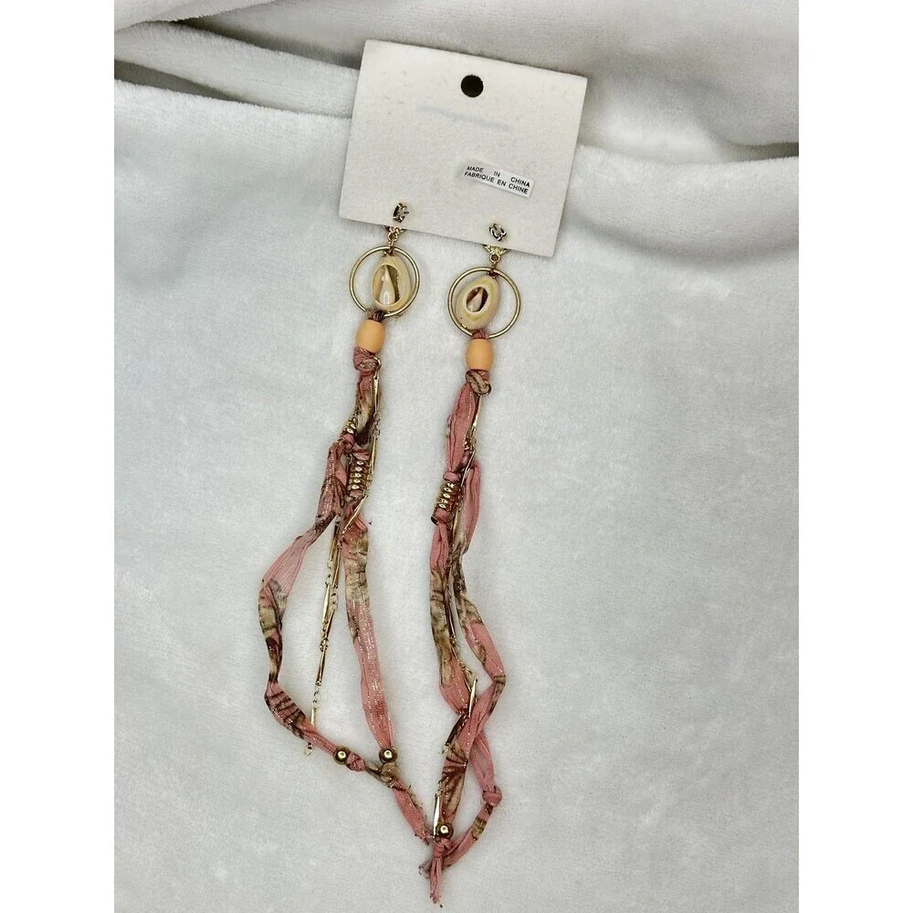 Free People Dangle Earrings Boho Shell Bead Fringe Women Pink Gold Tone Handmade